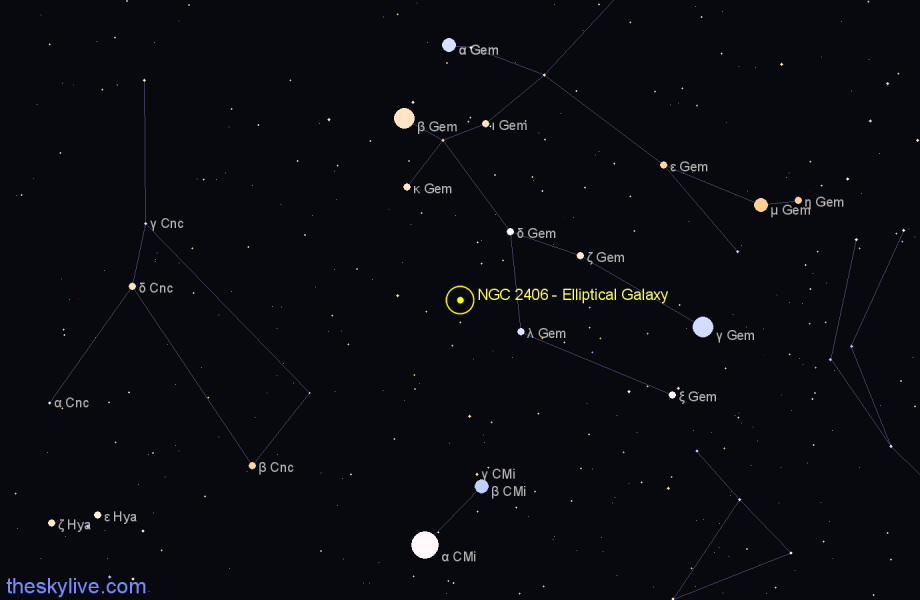 Finder chart NGC 2406 - Elliptical Galaxy in Gemini star