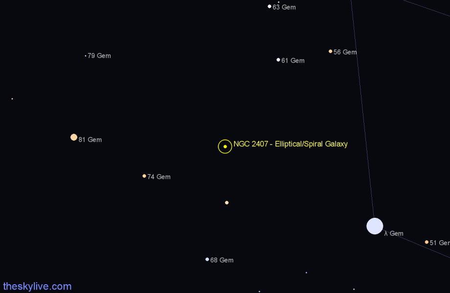 Finder chart NGC 2407 - Elliptical/Spiral Galaxy in Gemini star