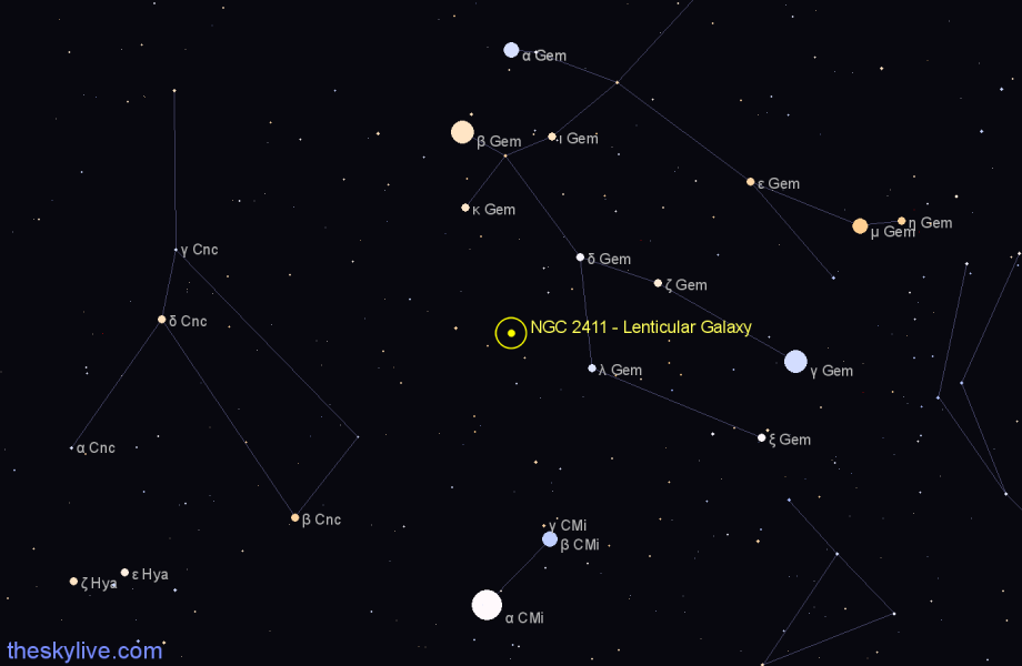 Finder chart NGC 2411 - Lenticular Galaxy in Gemini star