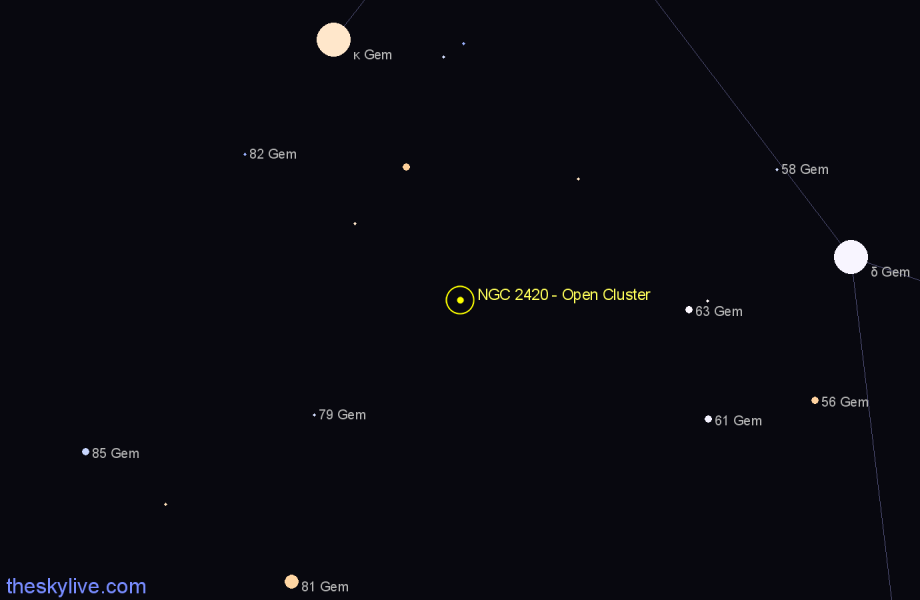 Finder chart NGC 2420 - Open Cluster in Gemini star