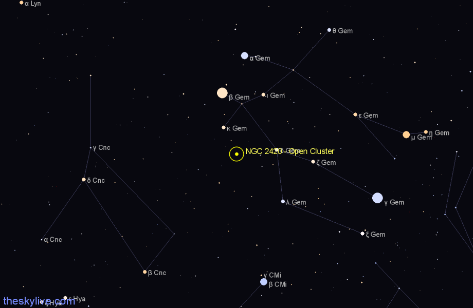 Finder chart NGC 2420 - Open Cluster in Gemini star