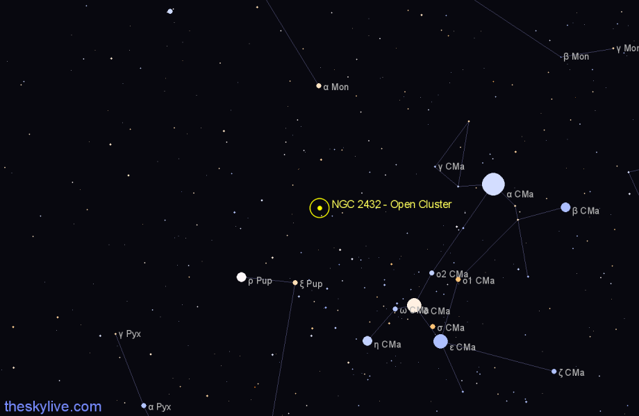 Finder chart NGC 2432 - Open Cluster in Puppis star