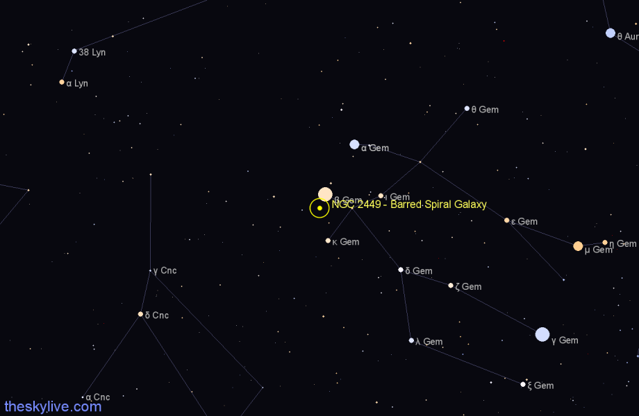 Finder chart NGC 2449 - Barred Spiral Galaxy in Gemini star