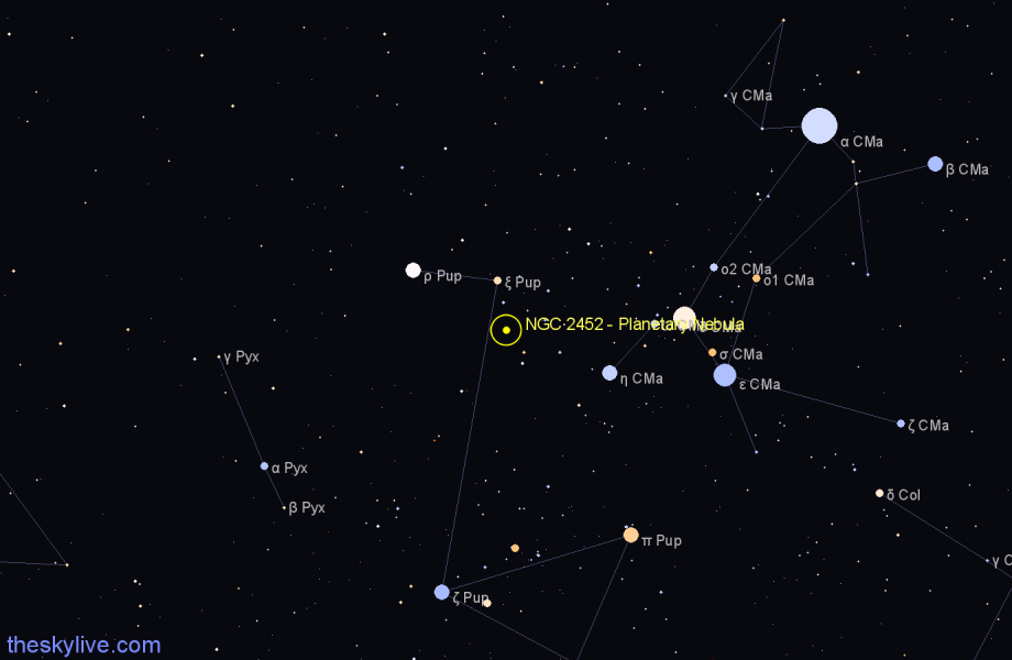 Finder chart NGC 2452 - Planetary Nebula in Puppis star