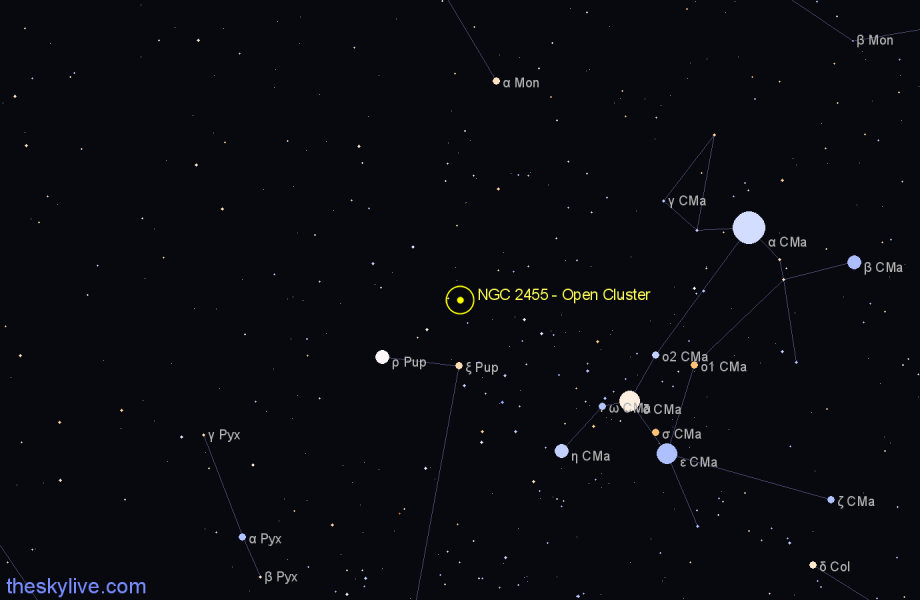 Finder chart NGC 2455 - Open Cluster in Puppis star