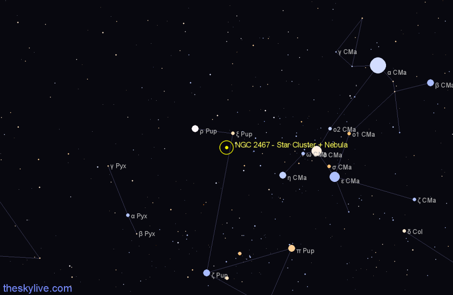 Finder chart NGC 2467 - Star Cluster + Nebula in Puppis star