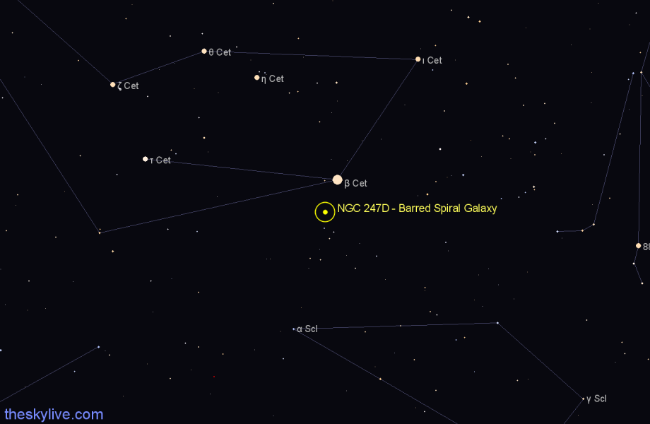 Finder chart NGC 247D - Barred Spiral Galaxy in Cetus star