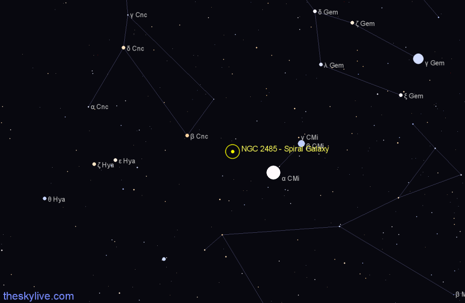 Finder chart NGC 2485 - Spiral Galaxy in Canis Minor star