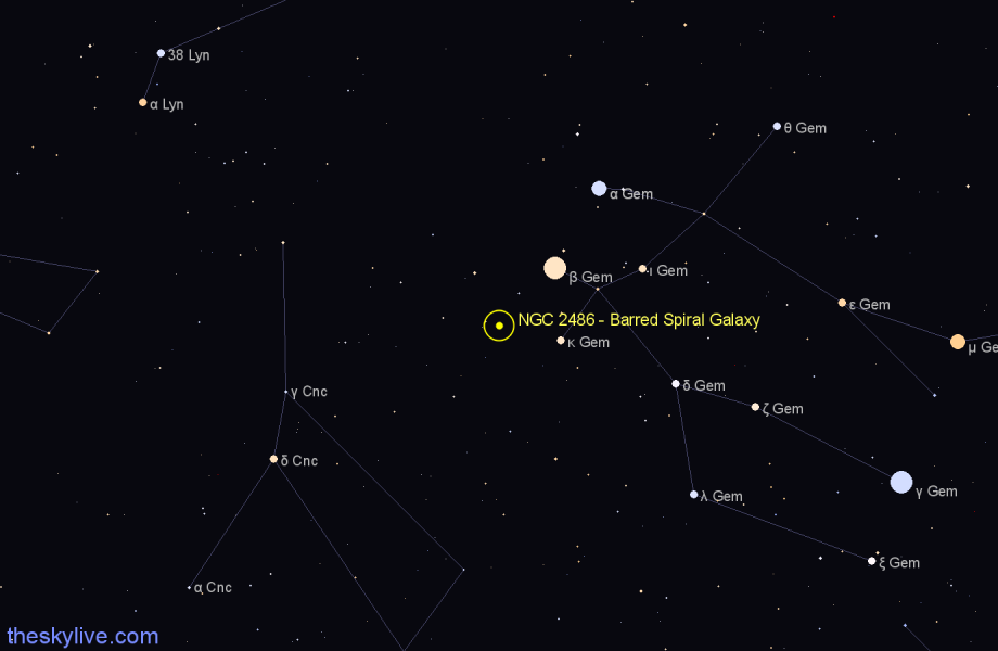 Finder chart NGC 2486 - Barred Spiral Galaxy in Gemini star