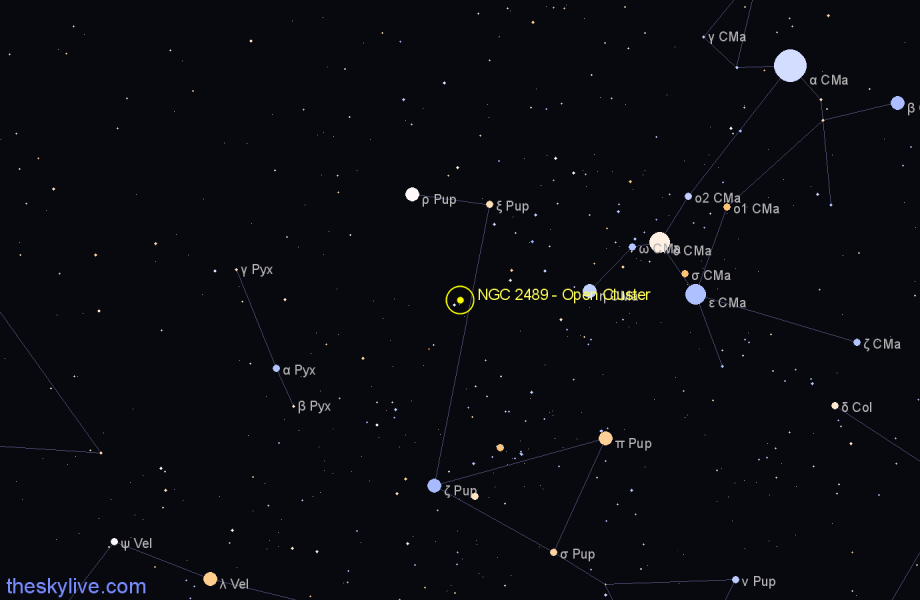 Finder chart NGC 2489 - Open Cluster in Puppis star