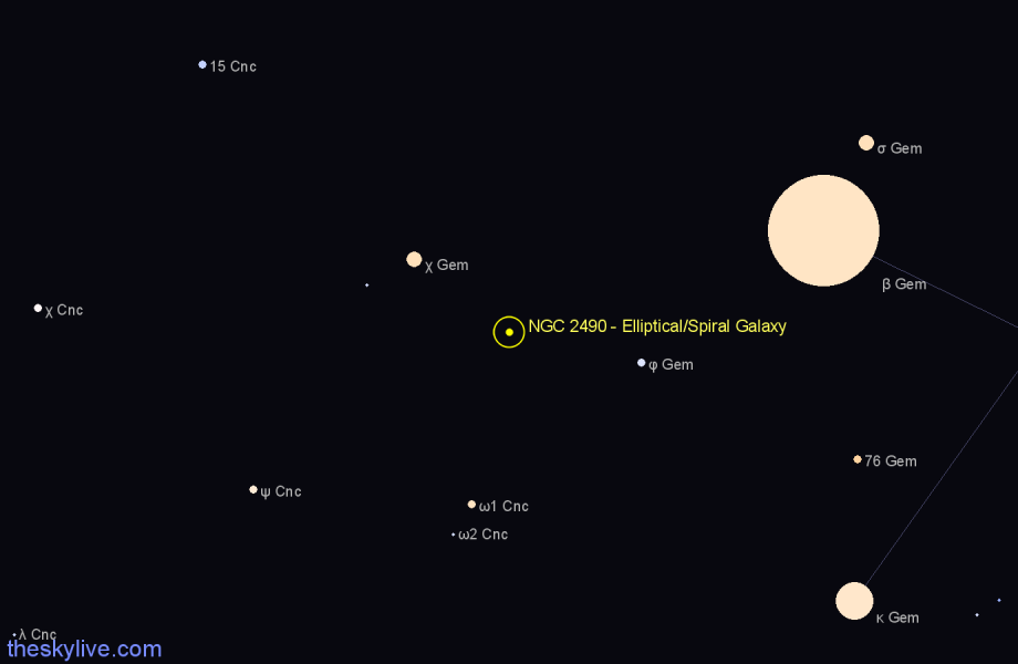 Finder chart NGC 2490 - Elliptical/Spiral Galaxy in Gemini star