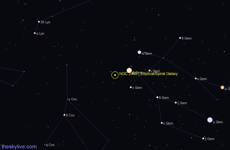 Finder chart NGC 2490 - Elliptical/Spiral Galaxy in Gemini star