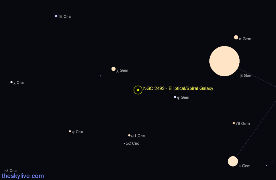 Finder chart NGC 2492 - Elliptical/Spiral Galaxy in Gemini star