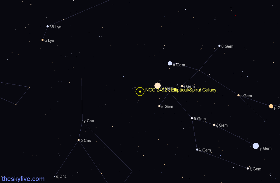 Finder chart NGC 2492 - Elliptical/Spiral Galaxy in Gemini star