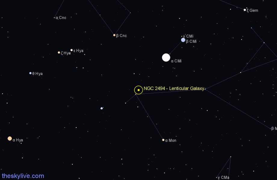 Finder chart NGC 2494 - Lenticular Galaxy in Monoceros star