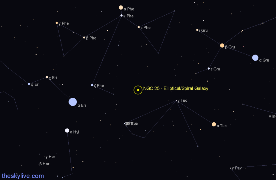 Finder chart NGC 25 - Elliptical/Spiral Galaxy in Phoenix star