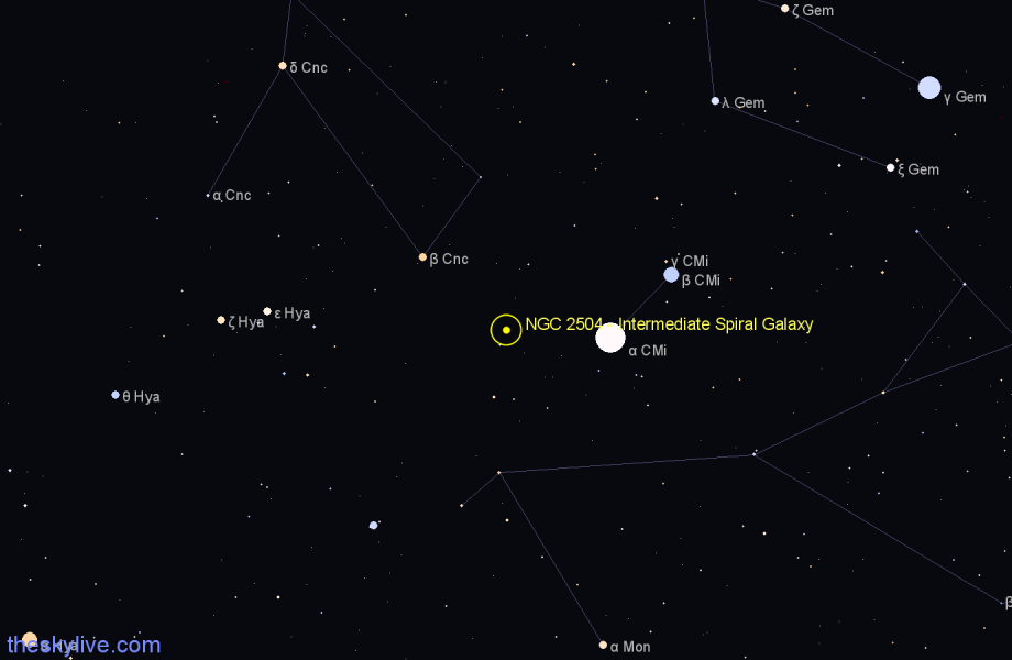 Finder chart NGC 2504 - Intermediate Spiral Galaxy in Canis Minor star