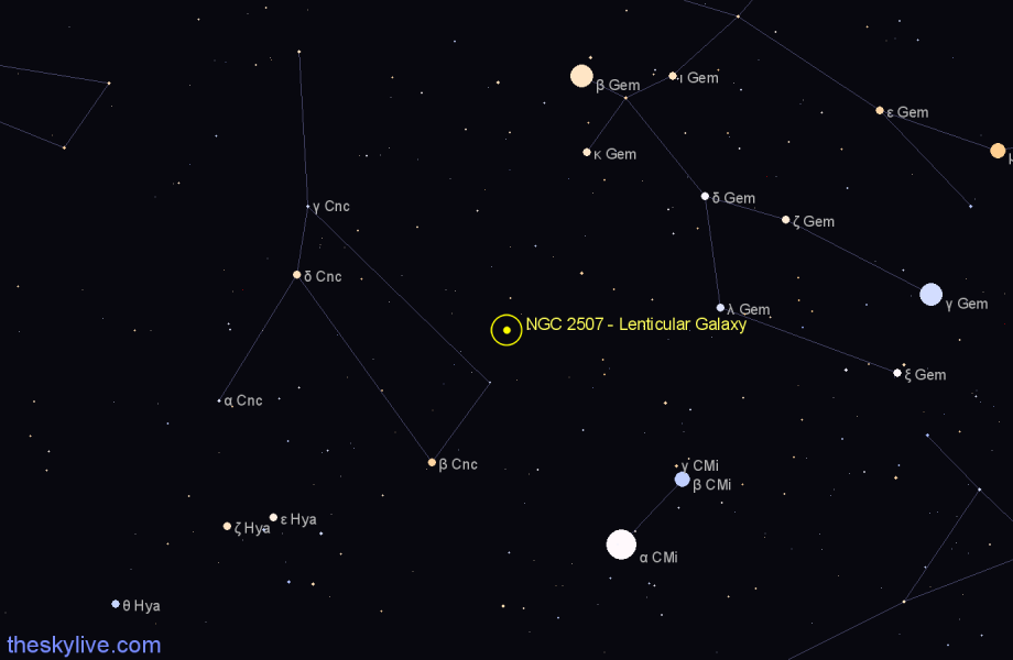 Finder chart NGC 2507 - Lenticular Galaxy in Cancer star