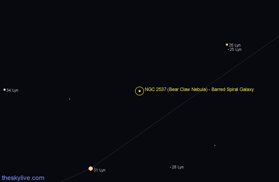 Finder chart NGC 2537 (Bear Claw Nebula) - Barred Spiral Galaxy in Lynx star