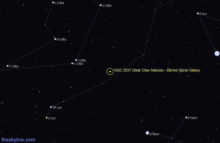 Finder chart NGC 2537 (Bear Claw Nebula) - Barred Spiral Galaxy in Lynx star