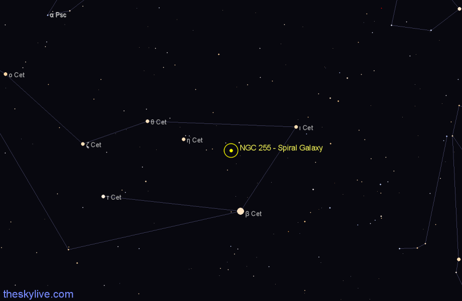 Finder chart NGC 255 - Spiral Galaxy in Cetus star