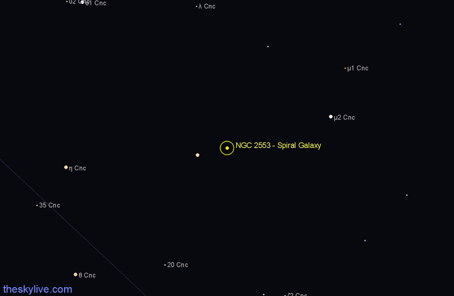 Finder chart NGC 2553 - Spiral Galaxy in Cancer star