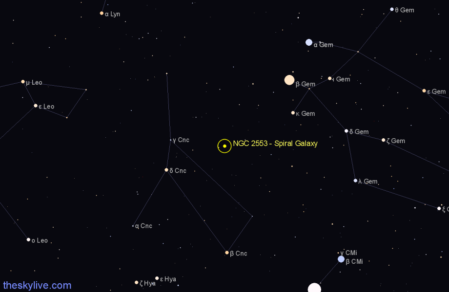 Finder chart NGC 2553 - Spiral Galaxy in Cancer star