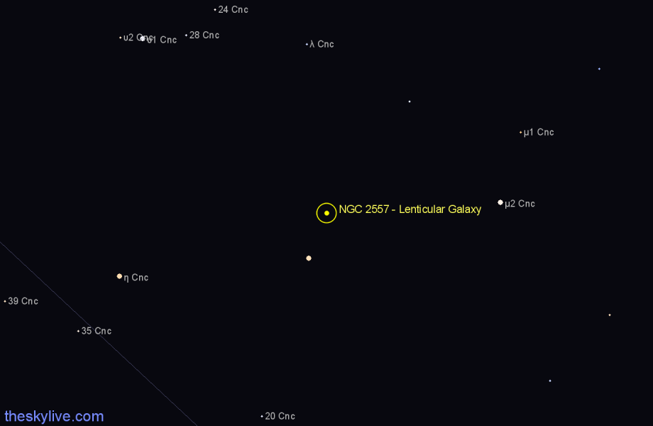 Finder chart NGC 2557 - Lenticular Galaxy in Cancer star