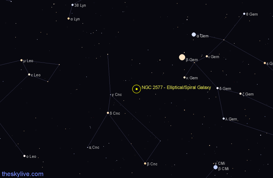 Finder chart NGC 2577 - Elliptical/Spiral Galaxy in Cancer star