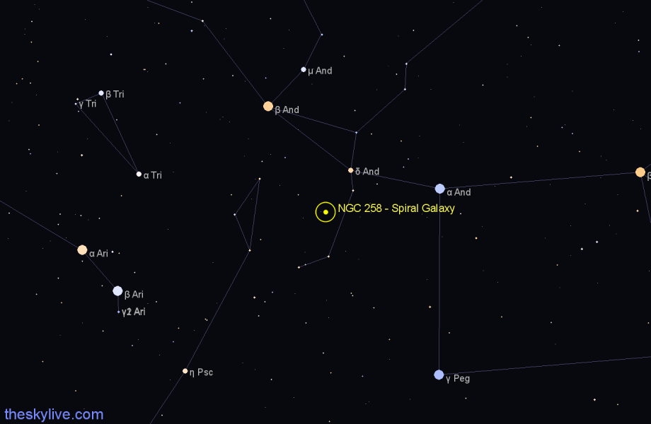 Finder chart NGC 258 - Spiral Galaxy in Andromeda star