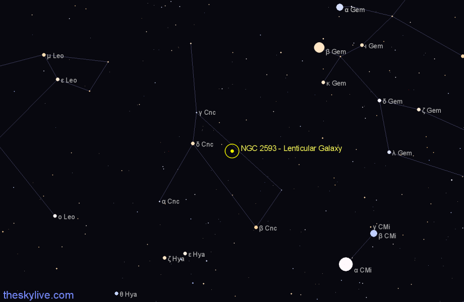 Finder chart NGC 2593 - Lenticular Galaxy in Cancer star