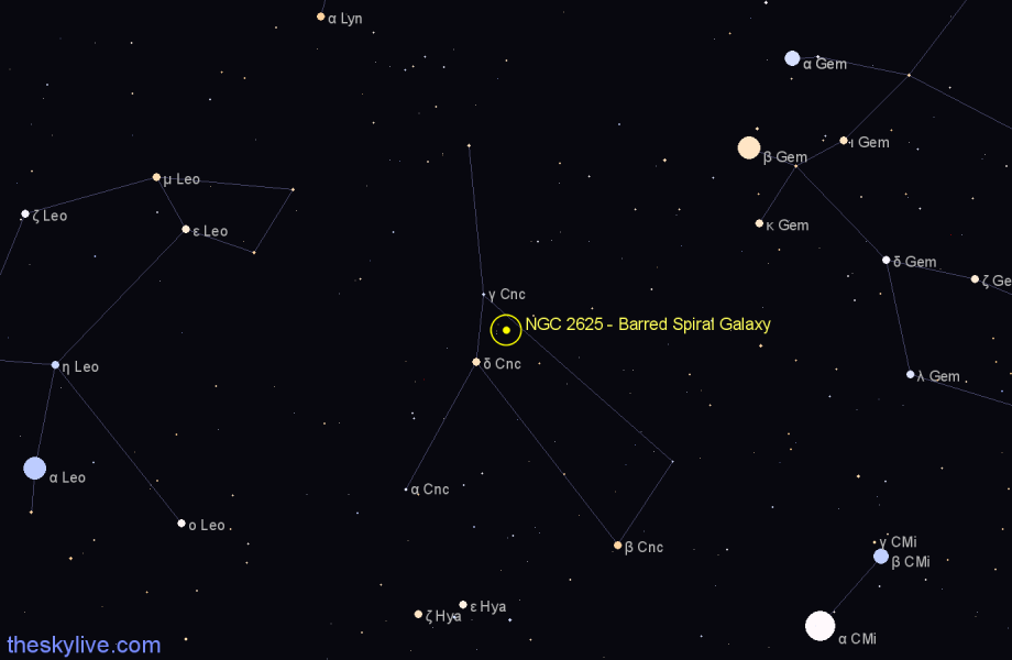 Finder chart NGC 2625 - Barred Spiral Galaxy in Cancer star