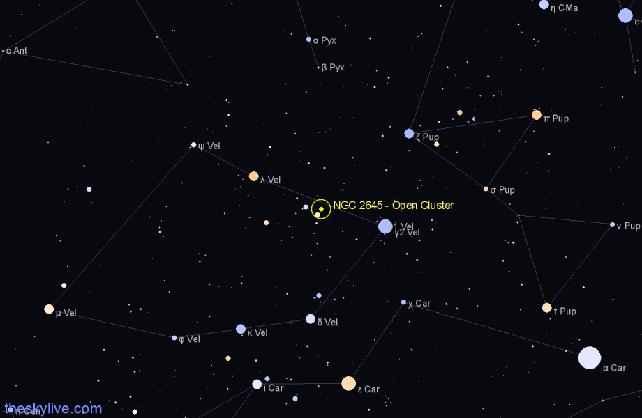 Finder chart NGC 2645 - Open Cluster in Vela star