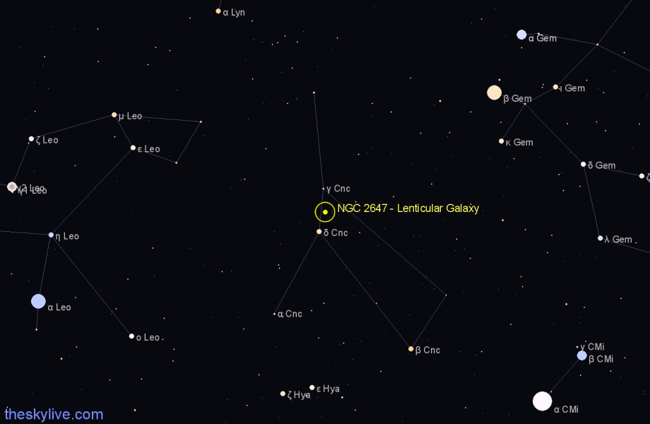 Finder chart NGC 2647 - Lenticular Galaxy in Cancer star