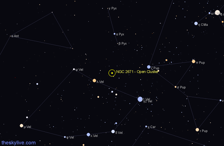 Finder chart NGC 2671 - Open Cluster in Vela star