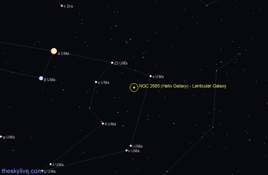 Finder chart NGC 2685 (Helix Galaxy) - Lenticular Galaxy in Ursa Major star