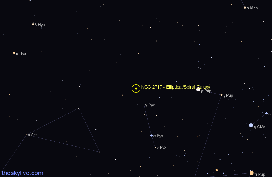 Finder chart NGC 2717 - Elliptical/Spiral Galaxy in Pyxis star