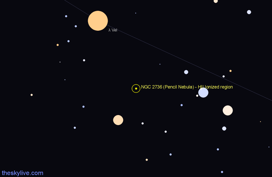 Finder chart NGC 2736 (Pencil Nebula) - HII Ionized region in Vela star