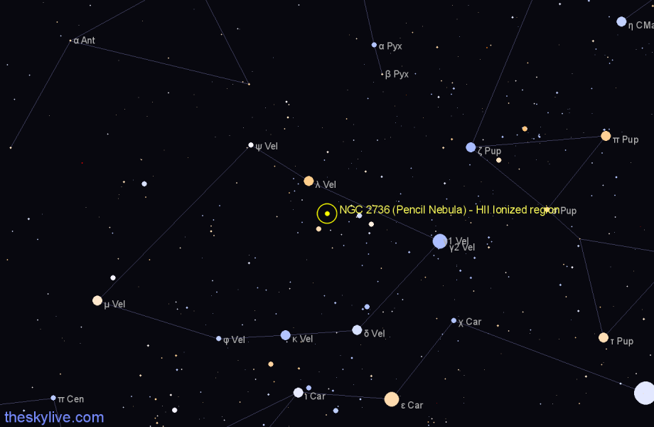 Finder chart NGC 2736 (Pencil Nebula) - HII Ionized region in Vela star