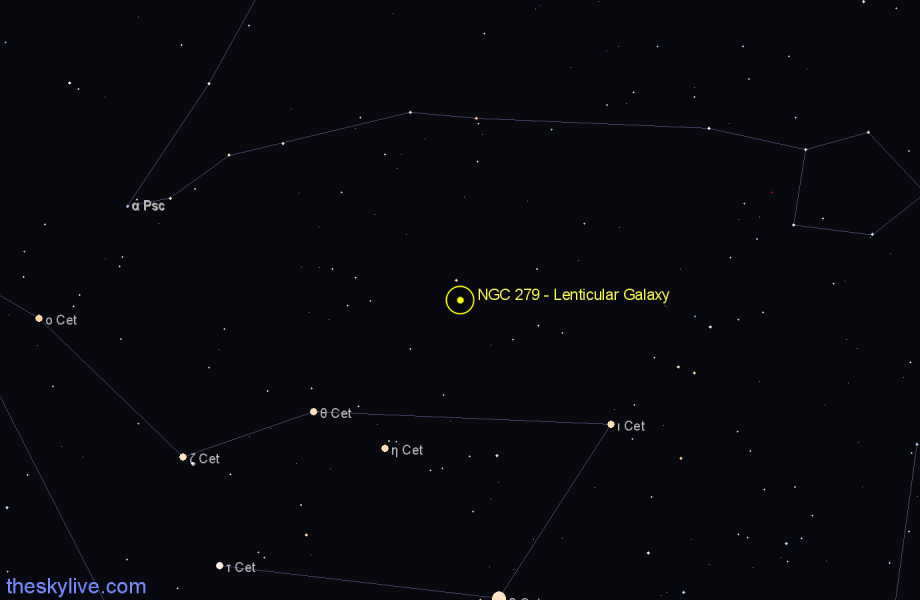 Finder chart NGC 279 - Lenticular Galaxy in Cetus star
