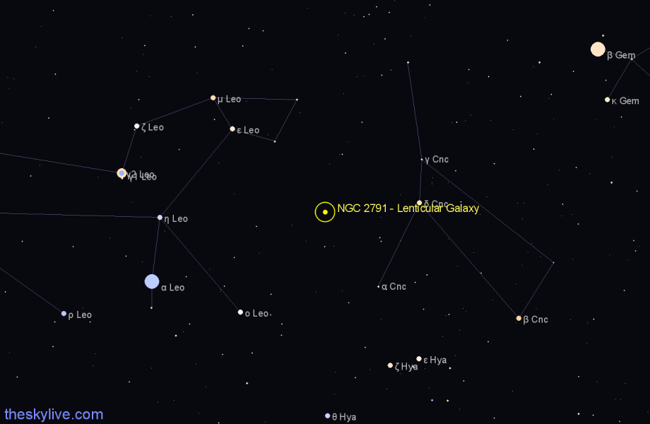 Finder chart NGC 2791 - Lenticular Galaxy in Cancer star