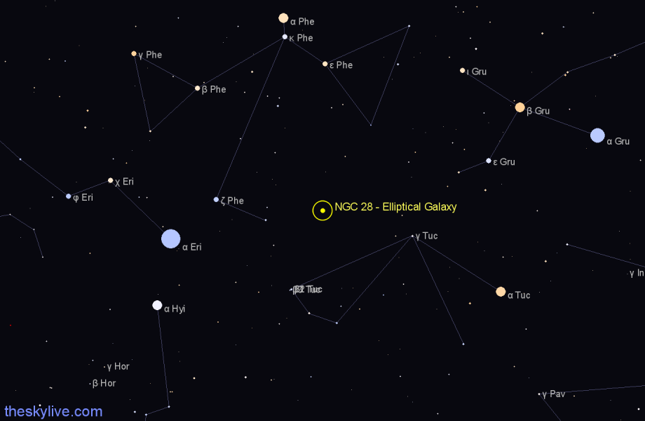Finder chart NGC 28 - Elliptical Galaxy in Phoenix star