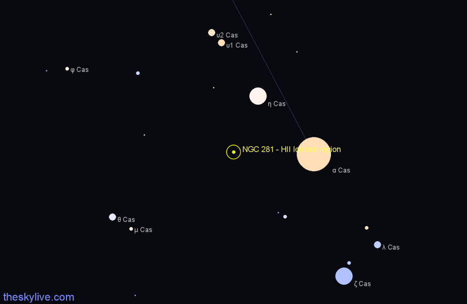 Finder chart NGC 281 - HII Ionized region in Cassiopeia star