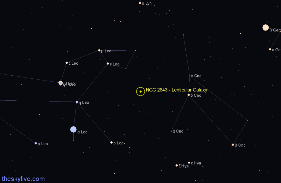 Finder chart NGC 2843 - Lenticular Galaxy in Cancer star