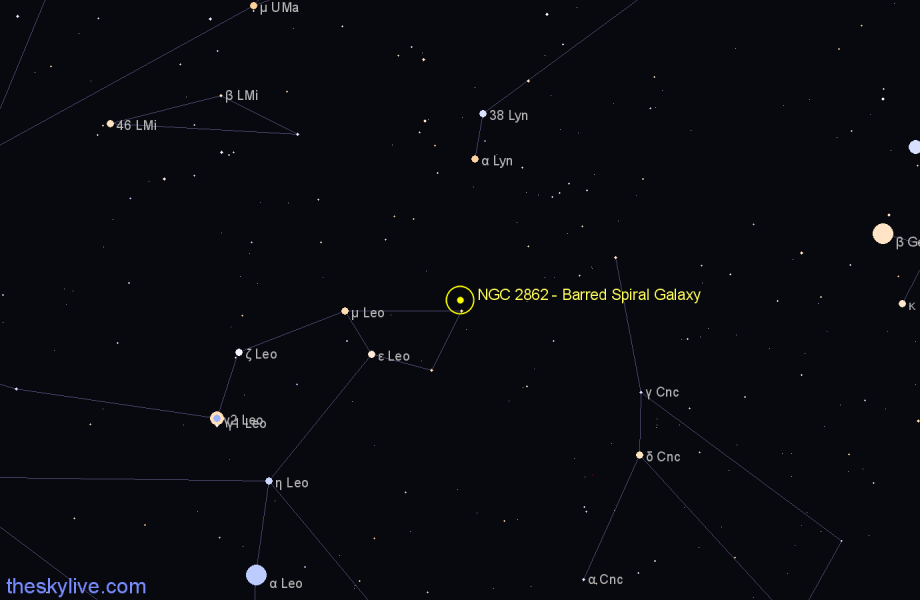 Finder chart NGC 2862 - Barred Spiral Galaxy in Leo star