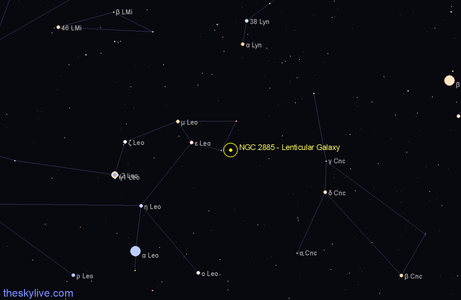 Finder chart NGC 2885 - Lenticular Galaxy in Leo star