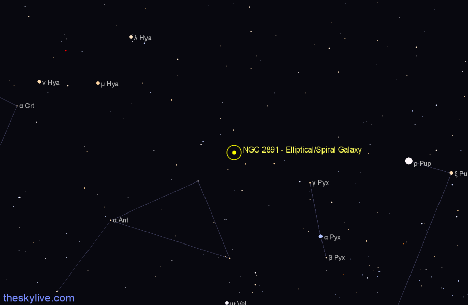 Finder chart NGC 2891 - Elliptical/Spiral Galaxy in Antlia star