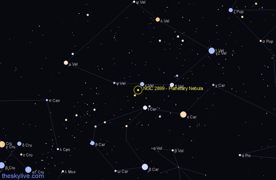Finder chart NGC 2899 - Planetary Nebula in Vela star