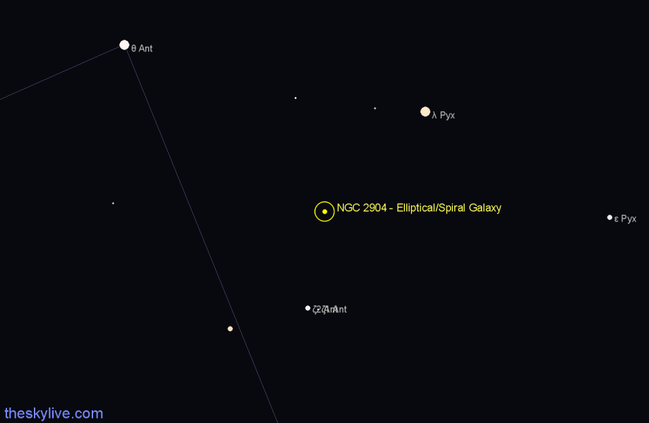 Finder chart NGC 2904 - Elliptical/Spiral Galaxy in Antlia star