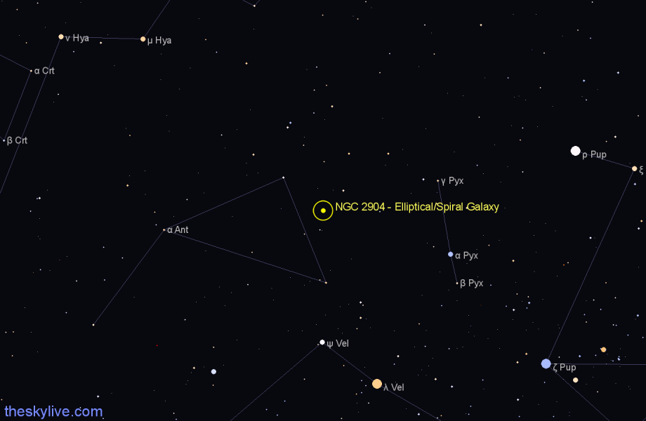 Finder chart NGC 2904 - Elliptical/Spiral Galaxy in Antlia star